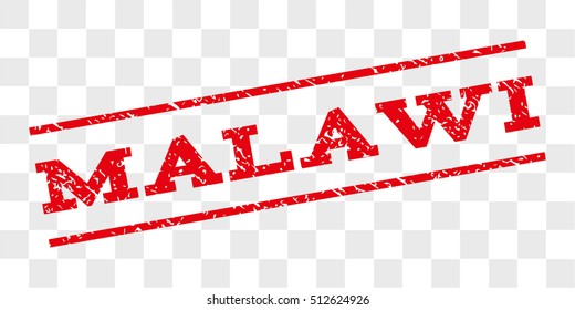 Malawi watermark stamp. Text tag between parallel lines with grunge design style. Rubber seal stamp with scratched texture. Vector red color ink imprint on a chess transparent background.