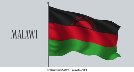 Malawi waving flag on flagpole vector illustration. Red green element of Malawi wavy realistic flag as a symbol of country 