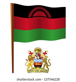 malawi wavy flag and coat of arm against white background, vector art illustration, image contains transparency