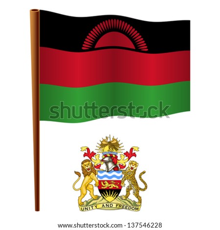 malawi wavy flag and coat of arm against white background, vector art illustration, image contains transparency