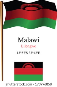 malawi wavy flag and coordinates against white background, vector art illustration, image contains transparency
