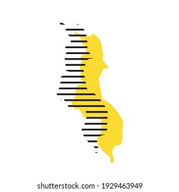 Malawi - yellow country silhouette with shifted black stripes. Memphis Milano style design. Slimple flat vector map.
