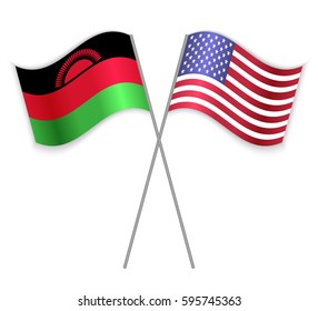 Malawian and American crossed flags. Malawi combined with United States of America isolated on white. Language learning, international business or travel concept.