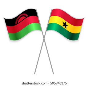 Malawian and Ghanaian crossed flags. Malawi combined with Ghana isolated on white. Language learning, international business or travel concept.
