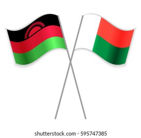 Malawian and Malagasy crossed flags. Malawi combined with Madagascar isolated on white. Language learning, international business or travel concept.