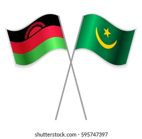 Malawian and Mauritanian crossed flags. Malawi combined with Mauritania isolated on white. Language learning, international business or travel concept.