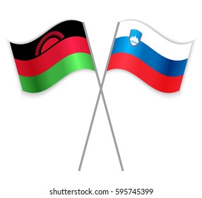 Malawian and Slovenian crossed flags. Malawi combined with Slovenia isolated on white. Language learning, international business or travel concept.