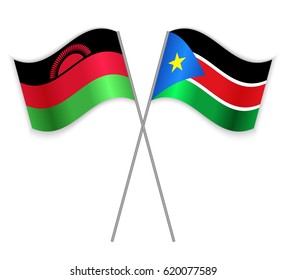 Malawian and South Sudanese crossed flags. Malawi combined with South Sudan isolated on white. Language learning, international business or travel concept.