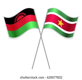 Malawian and Surinamese crossed flags. Malawi combined with Suriname isolated on white. Language learning, international business or travel concept.