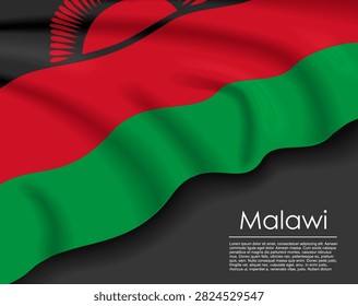 Malawian waving flag template with a dark background and text placeholder for national day or travel concept. Vector illustration.