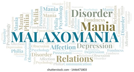 Malaxomania word cloud. Type of mania, made with text only.
