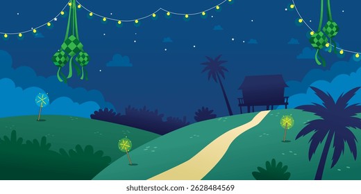 Malay Balik Kampung Night Background fairy lights celebration festive muslim Aidilfitri banner ketupat