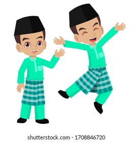 Malay boy happy with new raya traditional clothes for Hari Raya Aidilfitri