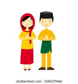 Malay Couple Cartoon Character Wearing Traditional Costume Vector