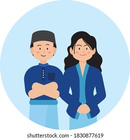 Malay couple character wearing traditional costume. Vector flat illustration.