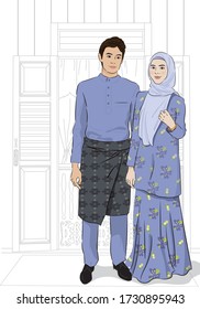 Malay Couple Wearing Traditional Outfit Standing In Front Of Wood House Window, Celebrating Raya Festival.