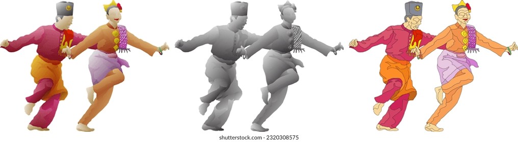 Bailarines culturales malayos interpretando el movimiento de danza folclórica Zapin, aislados contra el blanco. Ilustración vectorial 3D.