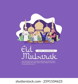 Malay, Indonesian, Asian family celebrating Eid Mubarak 1446 Hijriyah 2025 at home by enjoying delicious cuisine together. Eid Mubarak 2025 family celebration vector illustration. 