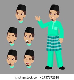 Malay man in traditional clothe baju melayu with difference face expression set