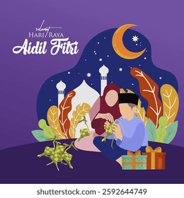 A Malay Muslim family celebrates Aidil Fitri 2025 by weaving ketupat together under a crescent moon and stars, symbolizing togetherness and festivity. Eid Mubarak 2025 celebrations for Malaysian 