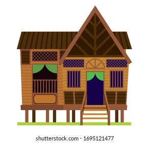 Malay vintage house. Traditional Village Malay House / Rumah Kampung Melayu in Malaysia. Vector Illustration isolated