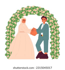 Malay wedding flat concept vector spot illustration. Bridal hijab woman and bridegroom 2D cartoon characters on white for web UI design. Muslim marriage ceremony isolated editable creative hero image