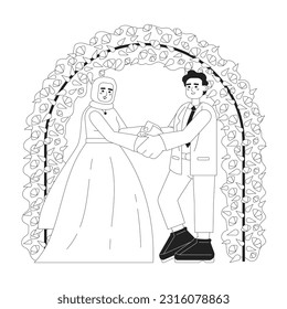 Malay wedding monochrome concept vector spot illustration. Bridal hijab woman and bridegroom 2D flat bw cartoon characters for web UI design. Muslim marriage isolated editable hand drawn hero image