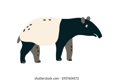 Malayan tapir with elongated nose trunk. Asian animal isolated on white background. Colored flat vector illustration of wild Indian mammal isolated on white background