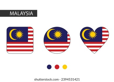 Malaysia 3 shapes (square, circle, heart) with city flag. Isolated on white background.