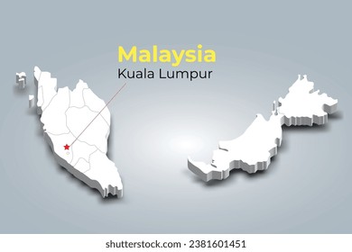 Malaysia 3d map with borders of regions and it’s capital