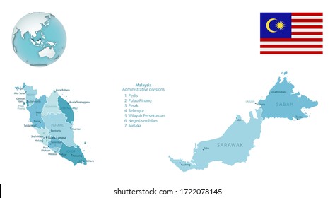 Malaysia Administrative Blue-green Map With Country Flag And Location On A Globe. Vector Illustration
