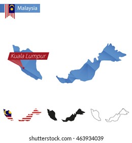 Malaysia blue Low Poly map with capital Kuala Lumpur, versions with flag, black and outline. Vector Illustration.