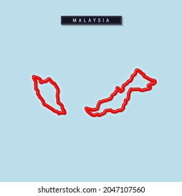 Malaysia bold outline map. Glossy red border with soft shadow. Country name plate. Vector illustration.