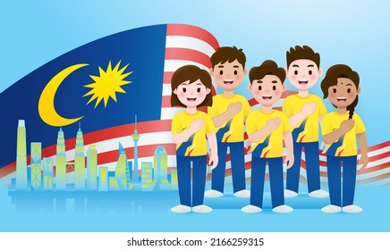 Malaysia Celebrated Independence Day With Malay, Chinese, Indian, Iban And Kadazan With Kuala Lumpur Cityscape