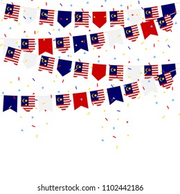 Malaysia celebration bunting flags with Confetti And Ribbons on white background.vector illustration