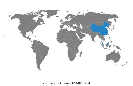Malaysia, china countries highlighted on world map. Business, political, health, trade and tourism.