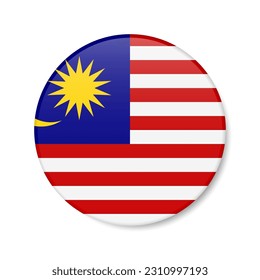 Malaysia circle button icon. Malaysian round badge flag with shadow. 3D realistic vector illustration isolated on white.