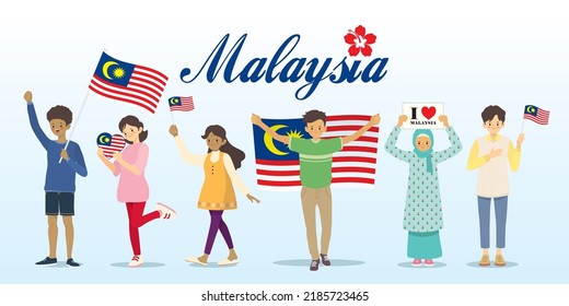 Malaysia citizens holding national flags in different pose. Cartoon Malay, Chinese and Indian people celebrate national day. Flat design. Vector illustration.