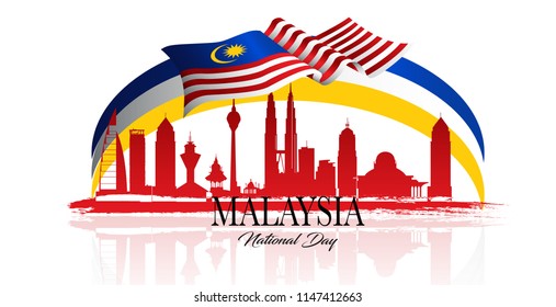 Malaysia City and flag including text independence day. Vector Illustration for Banner, templet, brochure with art element.