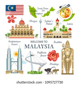 malaysia collection of traditional objects  landmarks symbols buildings national culture 