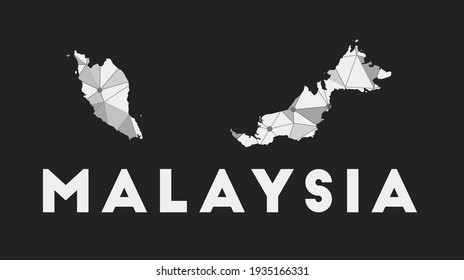 Malasia - mapa de la red de comunicación del país. Diseño geométrico de moda en Malasia sobre fondo oscuro. Tecnología, internet, red, concepto de telecomunicaciones. Ilustración vectorial.