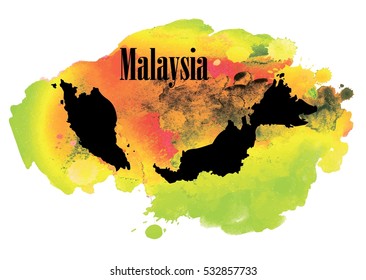 Malaysia. Country circuit. Vector drawing on the background of watercolor paint stains .