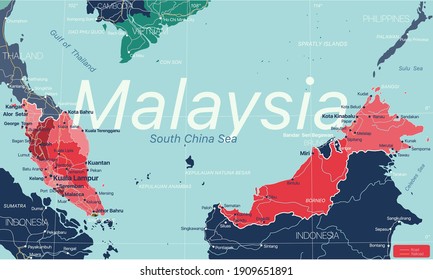 Malaysia country detailed editable map with regions cities and towns, roads and railways, geographic sites. Vector EPS-10 file