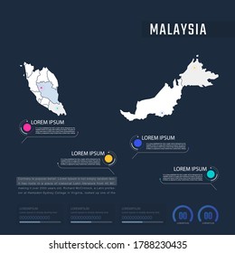 Malaysia country map infographics vector with pointer marks and circle chart.  Editable Infographics template. Vector illustration