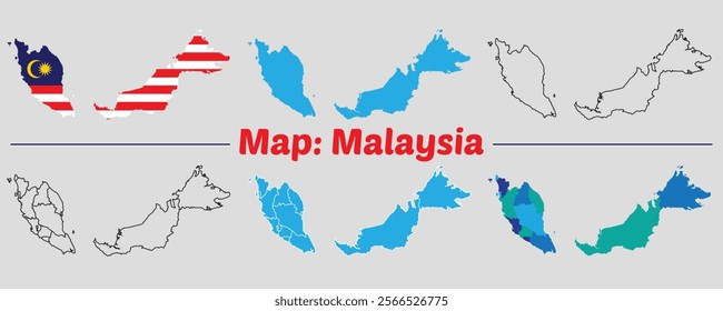 Malaysia country map set. internal provinces borders marked, Simple map of Malaysia vector drawing, Filled and outline.