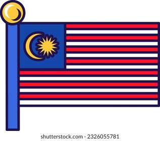 Bandera nacional de Malasia en vector de asta. Bandas horizontales rojas y blancas, media luna amarilla y estrella en campo azul. Símbolo patriótico de la ilustración de la caricatura plana de la independencia