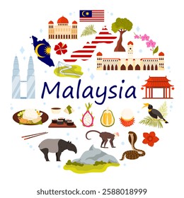 Malaysia culture elements, landmarks in round infographic banner. Architecture of Kuala Lumpur, modern and ancient buildings, animals and plants of national park in circle cartoon vector illustration