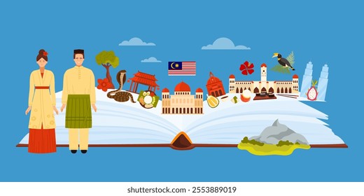 Malaysia culture elements and travel attractions infographic collage. Open big book and Kuala Lumpur buildings, Malaysian man and woman in traditional costumes, food cartoon vector illustration