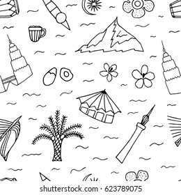 Malaysia culture seamless pattern. Hand drawn symbols of Malaysia. Vector illustration. White and black.