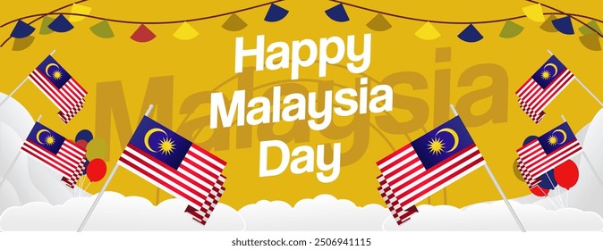 Malaysia Day Banner with modern geometric ornaments. Wide background design suitable for greetings celebrating Malaysia National Day and Independence Day.